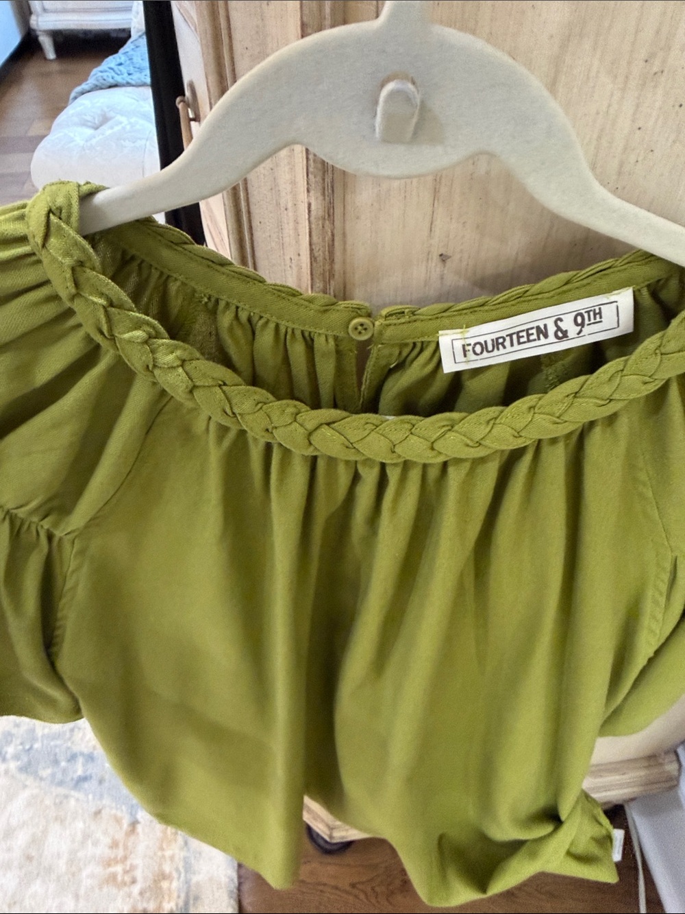 Olive Braided-Neck Flutter Sleeve Blouse - Picture 4 of 16